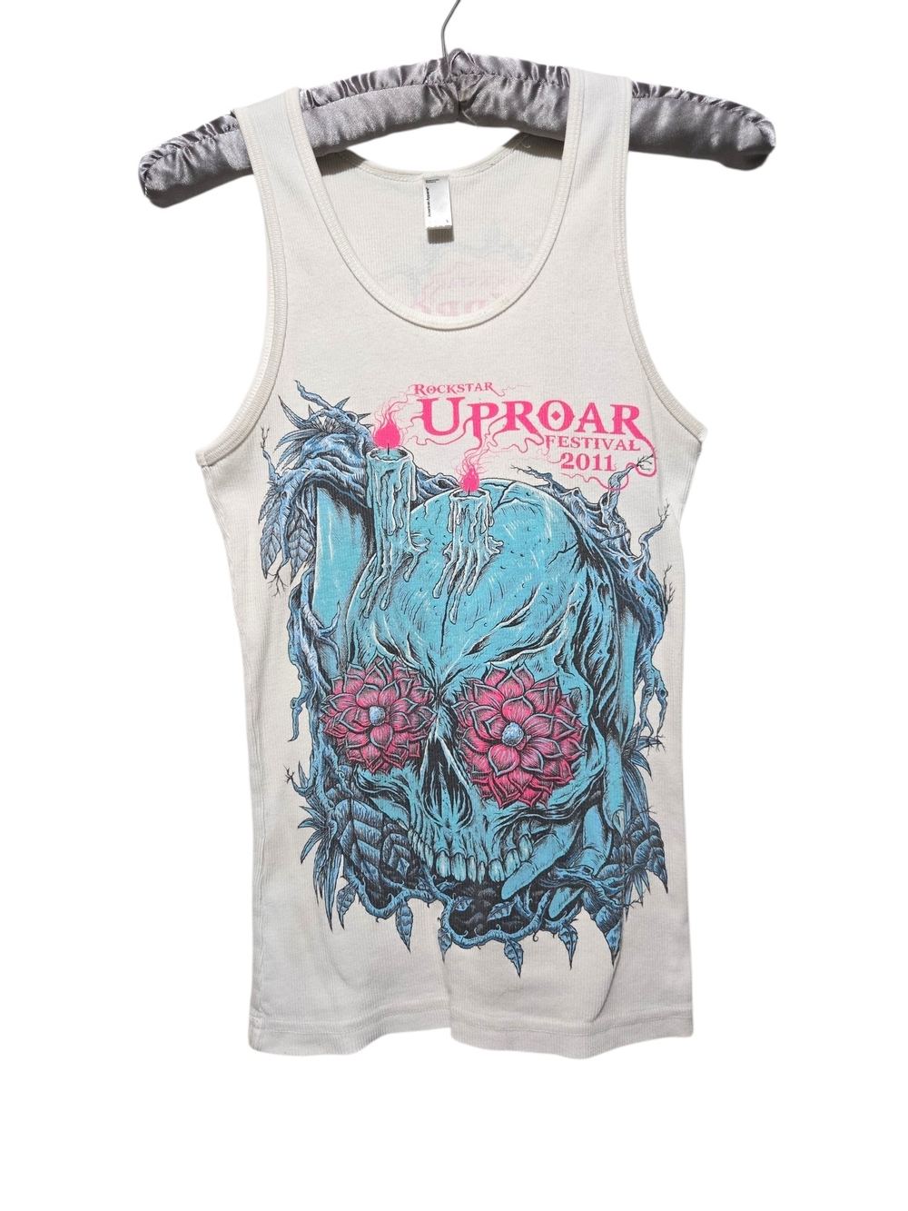 Rockstar Uproar Festival 2011 Ribbed White Tank Skull Graphic Tee Pink Blue  Lg
